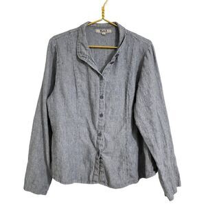 Flax V-Neck‎ Collard Button Down Linen Top Women's L Blue